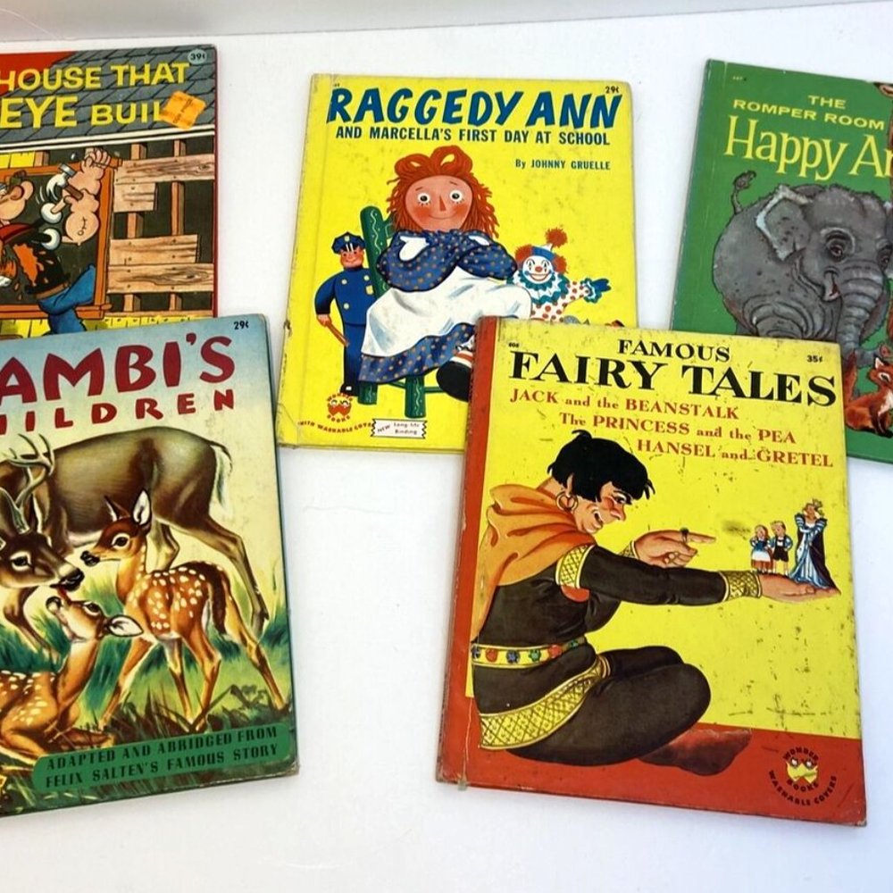 Vintage 5 Piece Wonder Books Set Fairy Tales, Raggedy Ann, Animals, Popeye